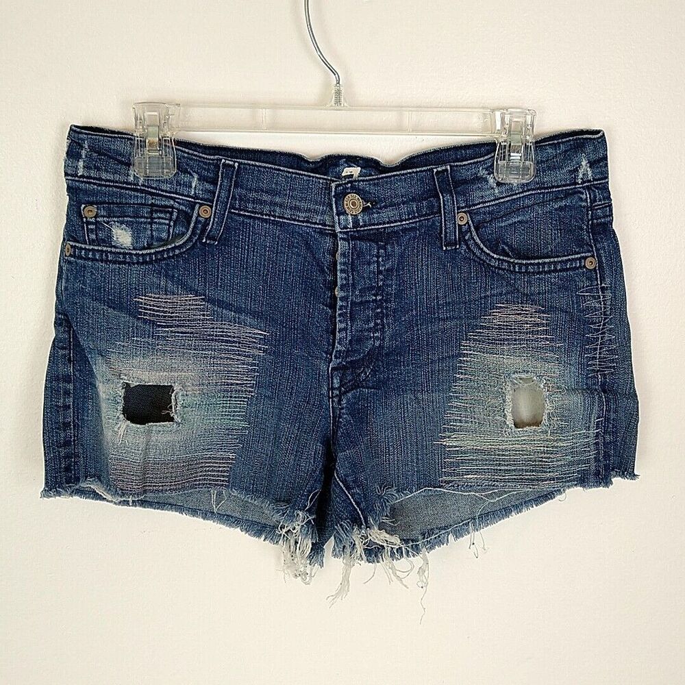 7 For‎ All Mankind Womens 27 Shorts Denim Med Wash Distressed Cutoffs Button Fly